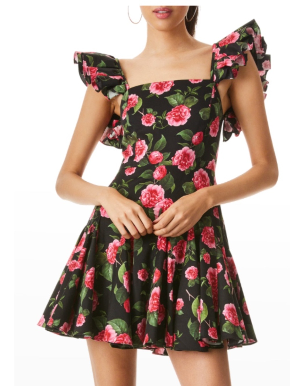 ALICE + OLIVIA Ginny Ruffle-Sleeve Godet Mini Dress in Black Pink Size 8